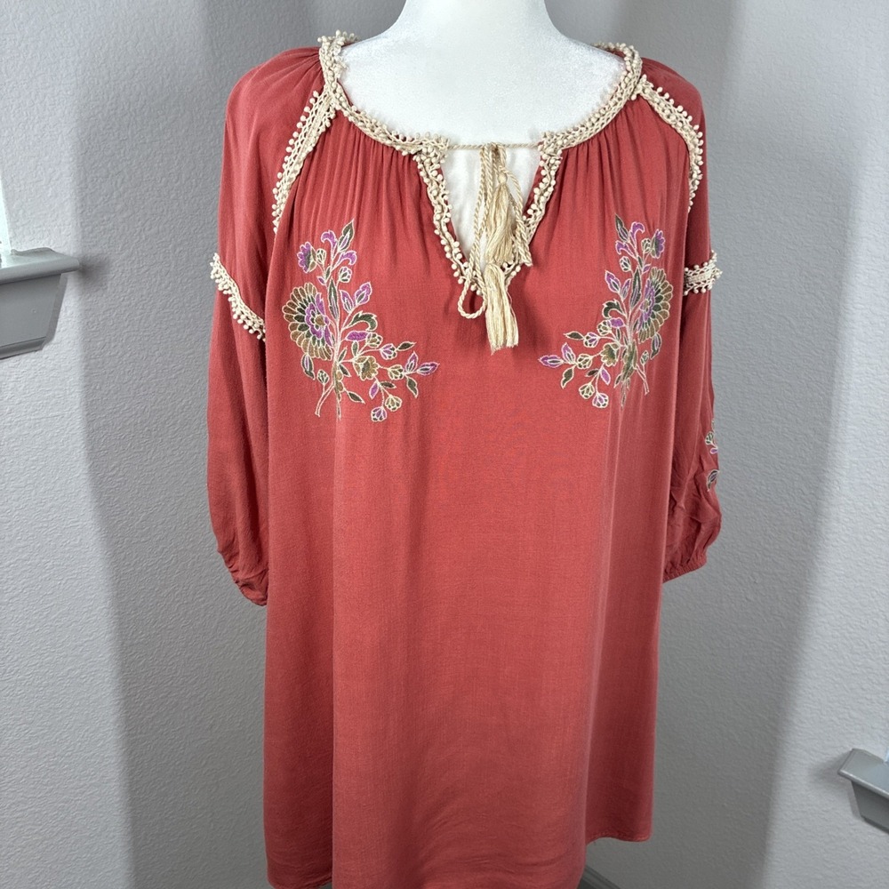 UMGEE USA Red Floral Embroidered Balloon Sleeve Tunic Boho Top Mini Dress Large